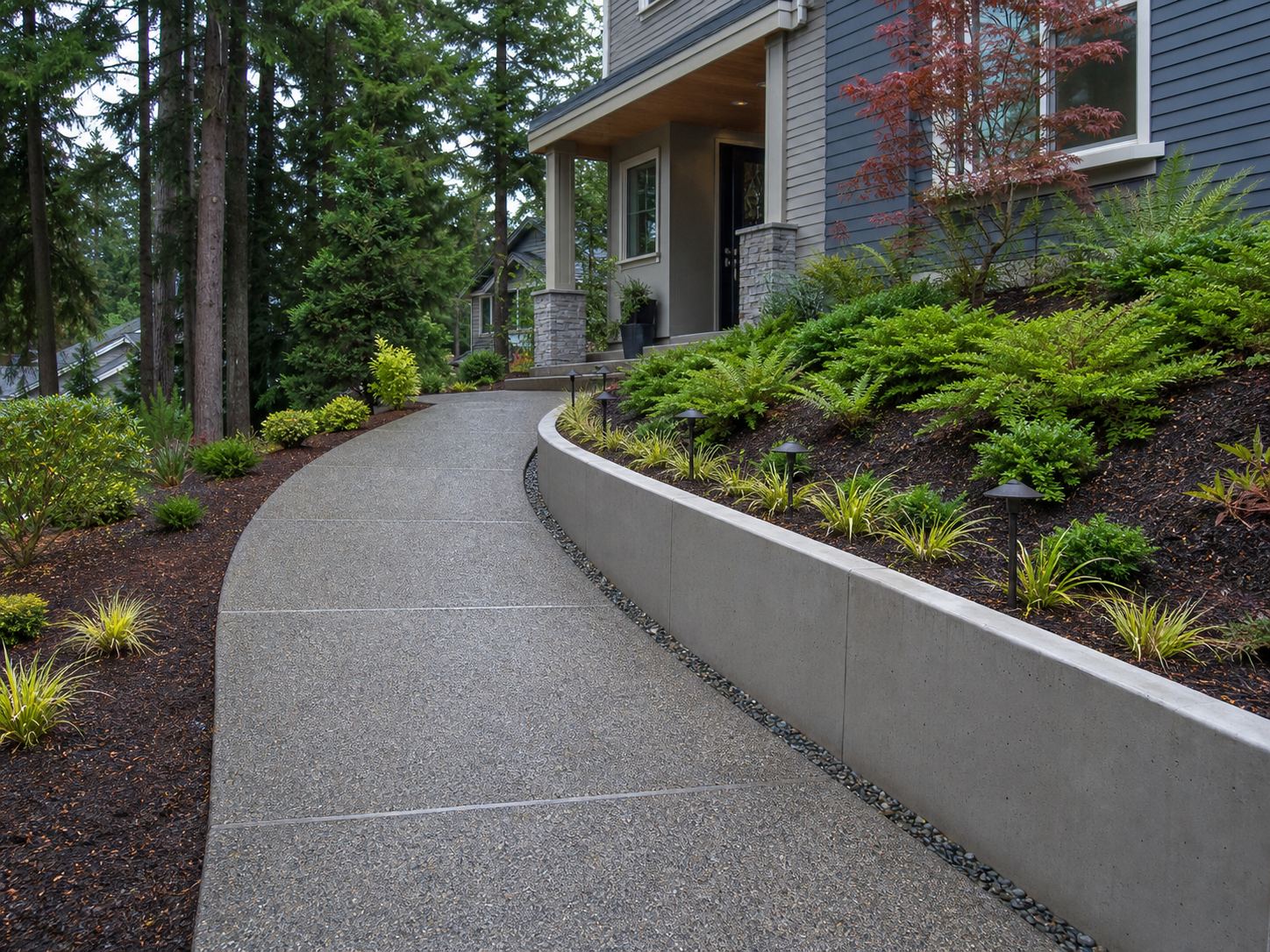Curved concrete walkway beside a low retaining wall
